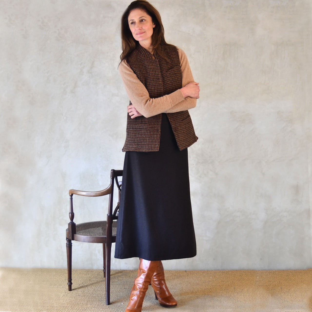 Ladies Classic Cut Waistcoat in Copper Check Lovat Tweed