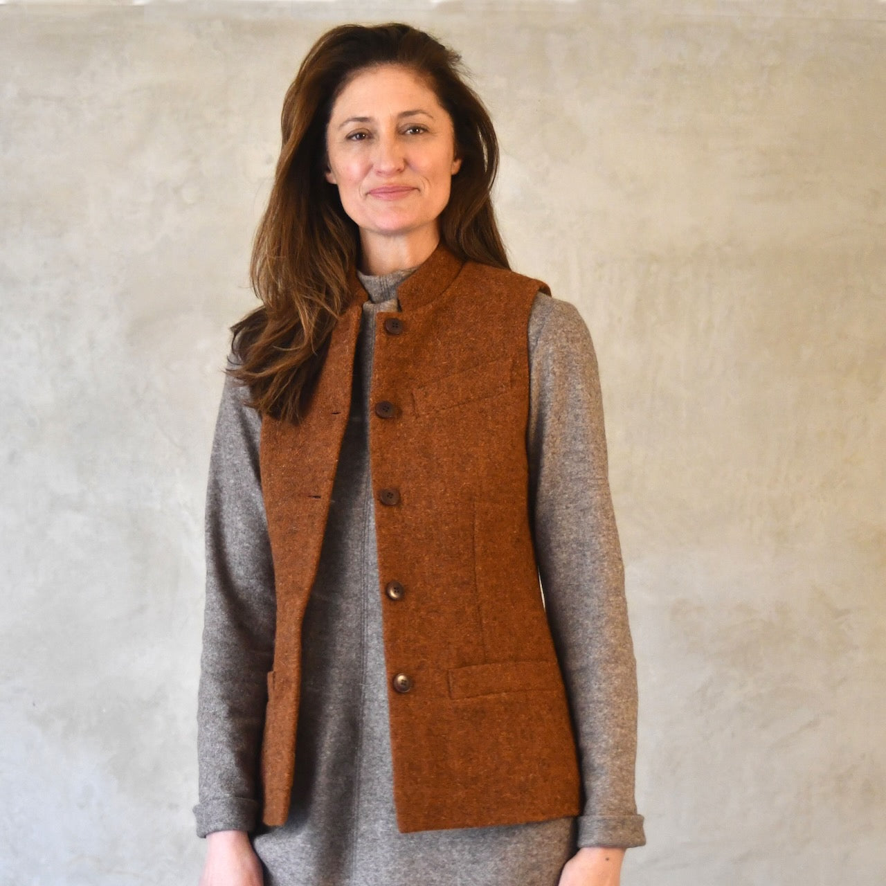 Ladies Gilet in Russet Lovat Tweed.  A Tailored Fit waistcoat with a Nehru Collar and natural corozo buttons. Handmade in Britain.