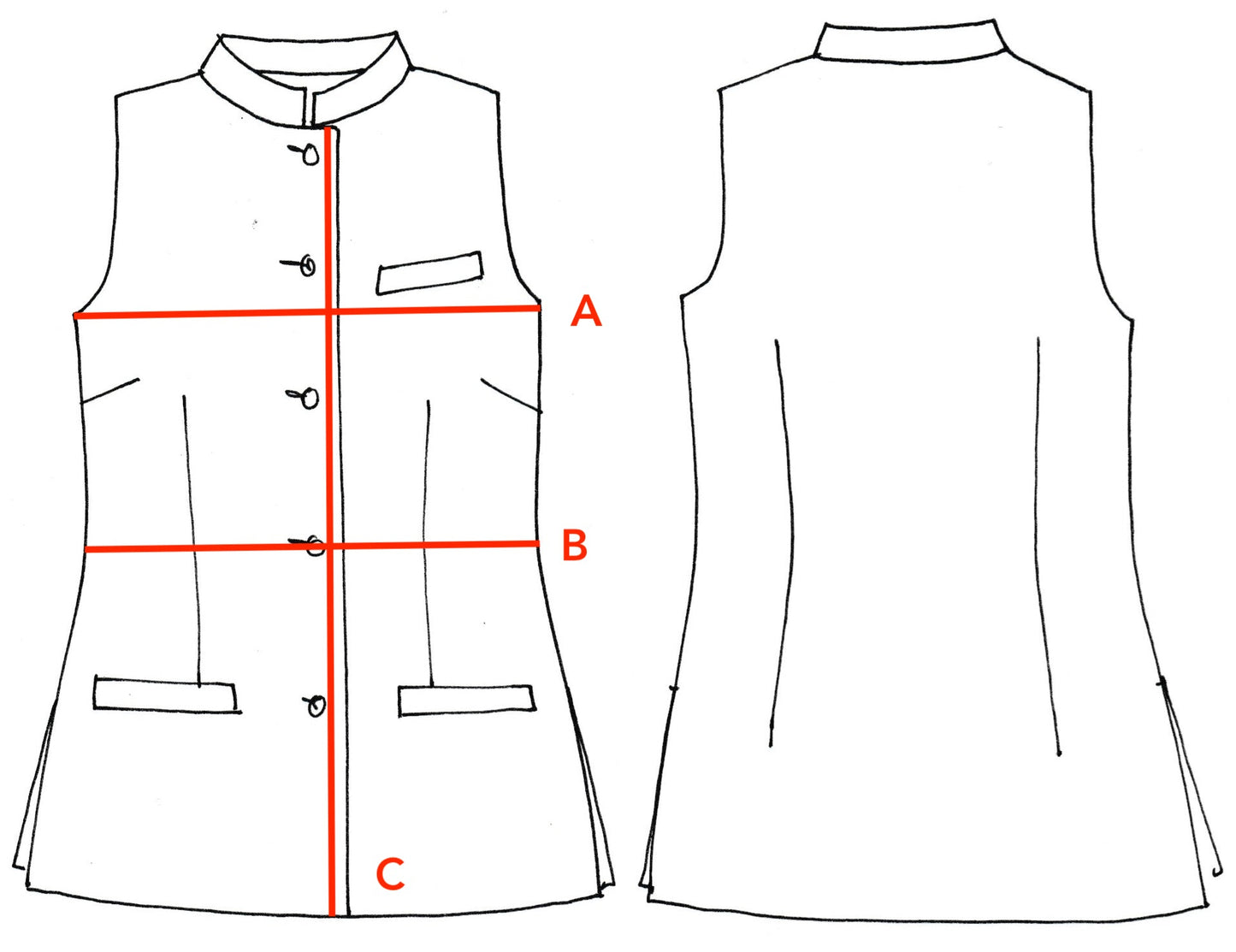 Detailed Size Chart for Bespoke Ladies Classic Cut Nehru Gilet with Nehru Collar. Made by Hand in London.