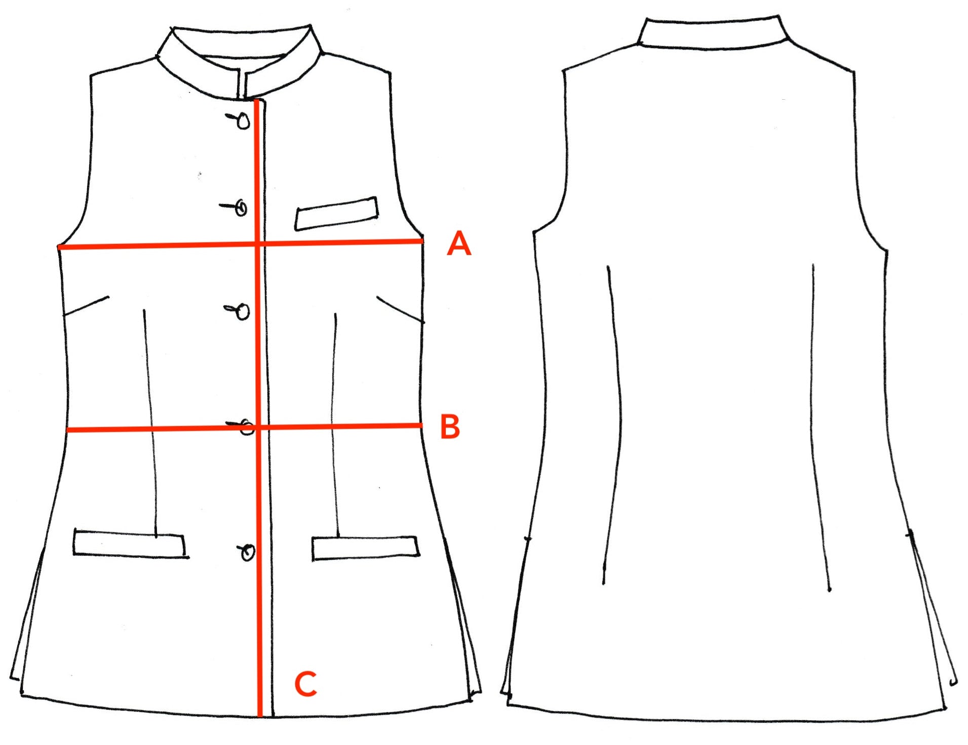 Detailed Size Chart for Bespoke Ladies Classic Cut Nehru Gilet with Nehru Collar. Made by Hand in London.