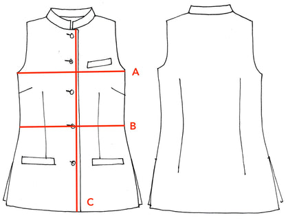 Detailed Size Chart for Bespoke Ladies Classic Cut Nehru Gilet with Nehru Collar. Made by Hand in London.