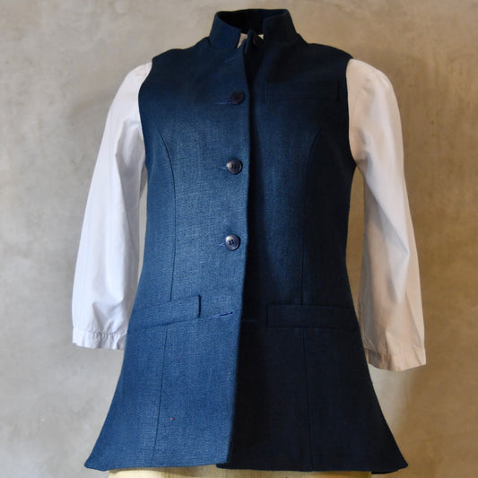 14 – Ladies Longer Length Waistcoat in Indigo Heavier Weight Linen