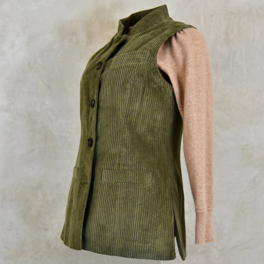 Ladies Longer Length Waistcoat in Khaki Corduroy
