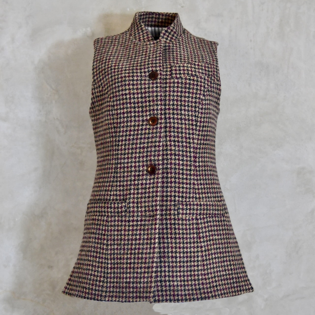 Ladies Longer Length Waistcoat in Camel Check Lovat Tweed