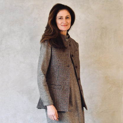 Ladies Longer Length Tweed Gilet. Bespoke Gilets, handmade in London. Shown in Camel Check Tweed from Lovat Tweed. Side Shot.