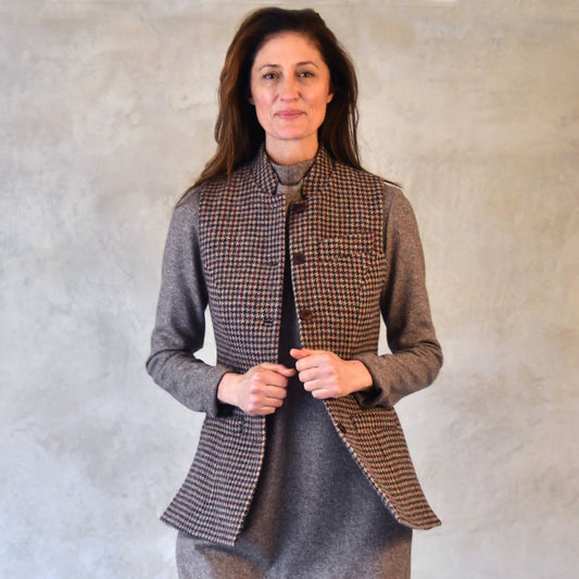8 – Ladies Longer Length Waistcoat in Camel Check Lovat Tweed