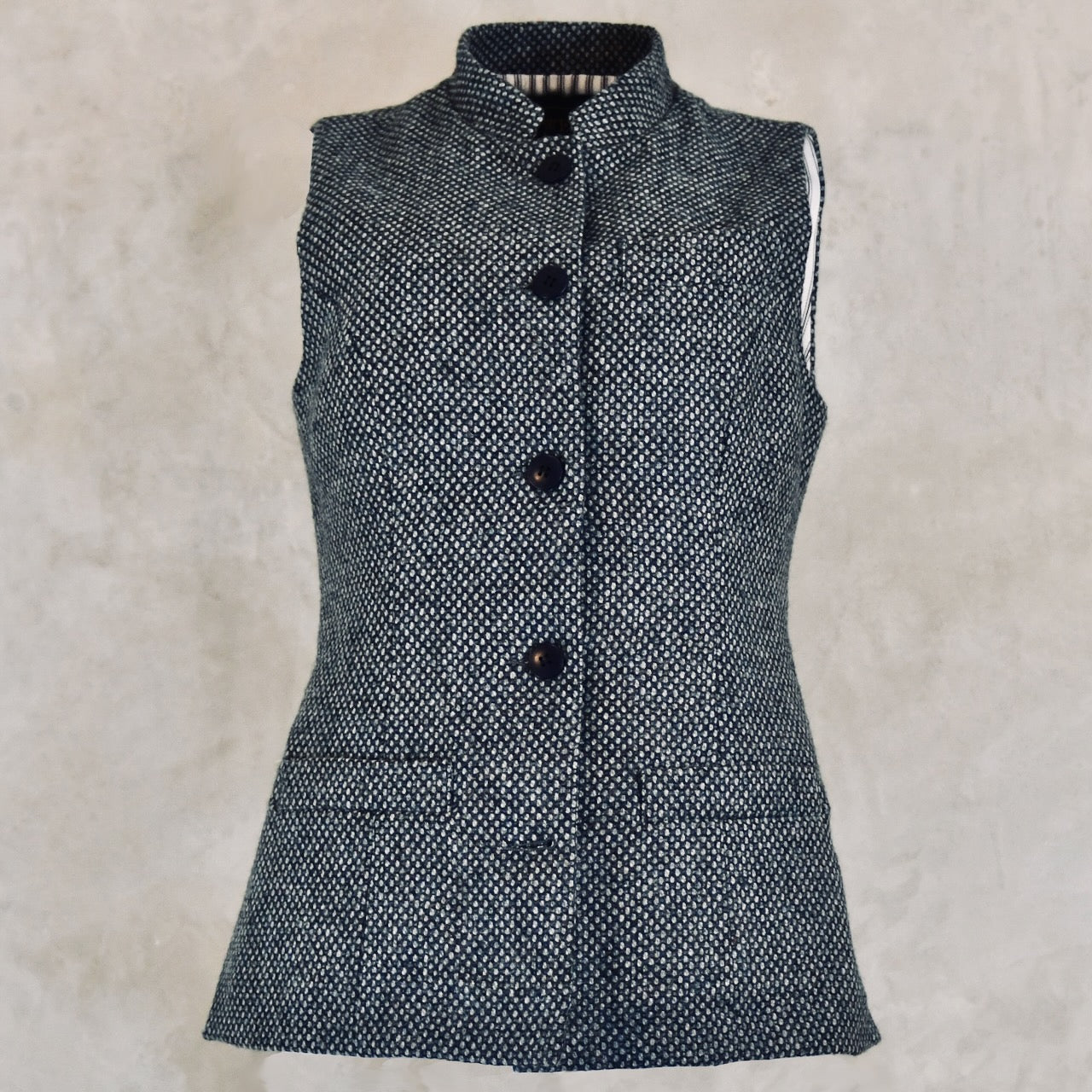 Ladies Longer Length Tweed Gilet. Bespoke Gilets, handmade in London. Shown in Yorkshire Tweed. Front Shot.