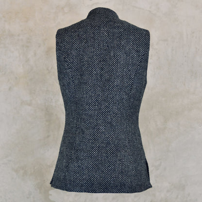 Ladies Longer Length Tweed Gilet. Bespoke Gilets, handmade in London. Shown in Yorkshire Tweed. Rear Shot.