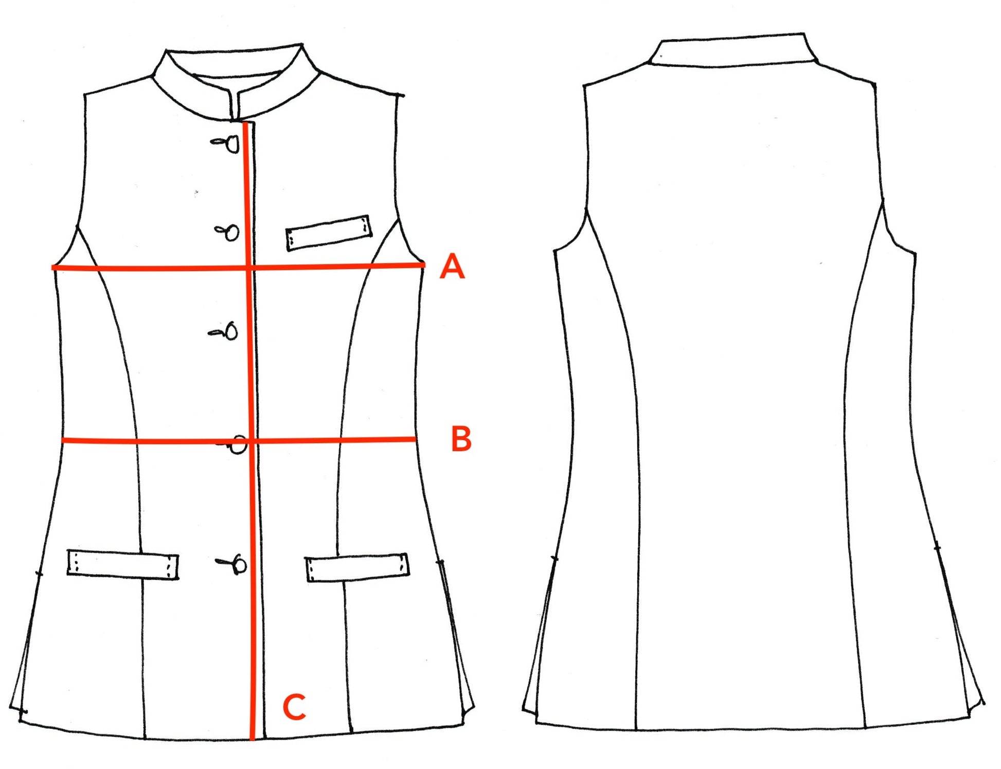 Detailed Size Chart for Bespoke Ladies Nehru Gilet with Nehru Collar. Made by Hand in London.