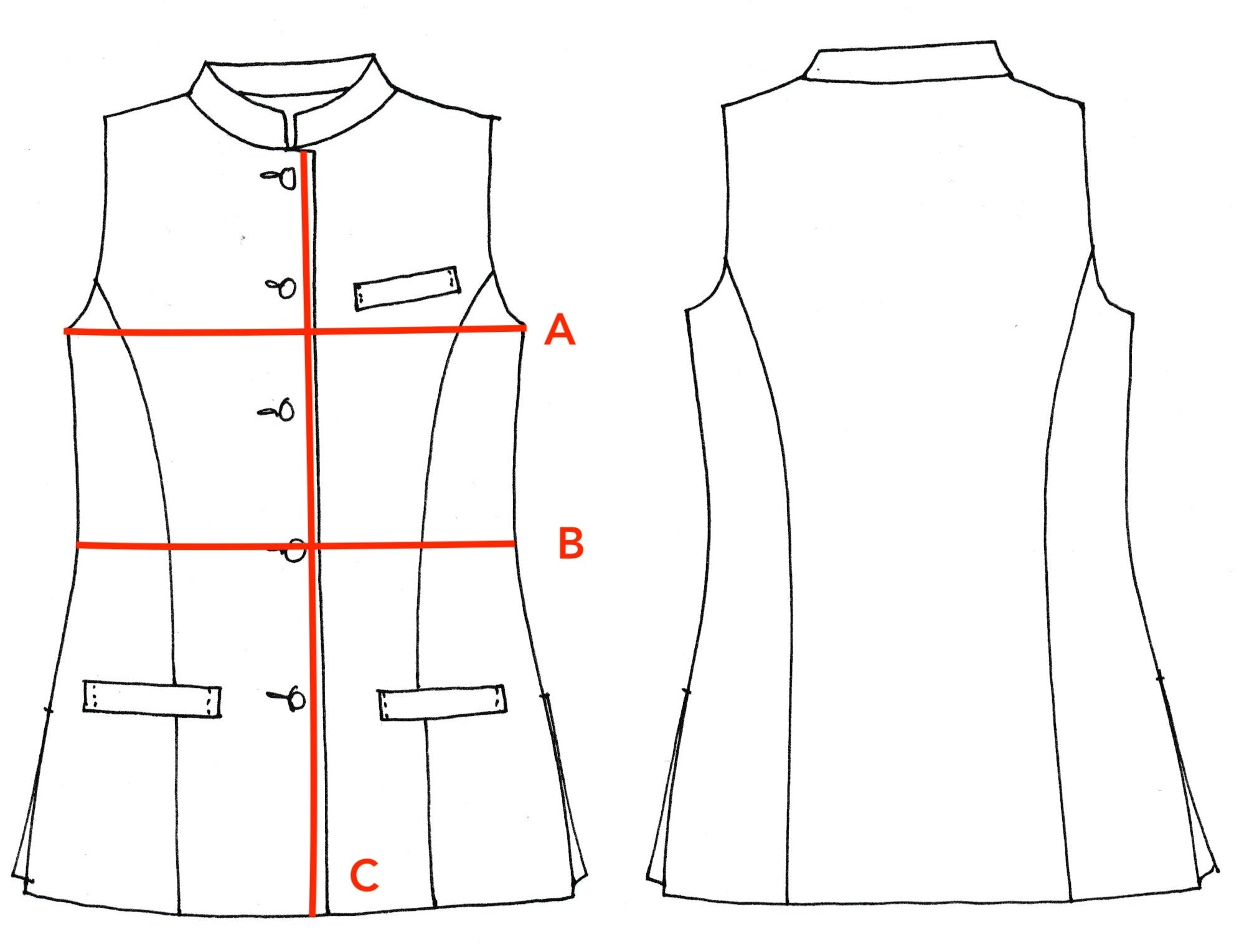 Detailed Size Chart for Bespoke Ladies Nehru Gilet with Nehru Collar. Made by Hand in London.
