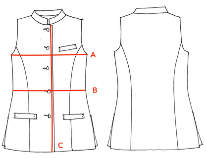Detailed Size Chart for Bespoke Ladies Nehru Gilet with Nehru Collar. Made by Hand in London.