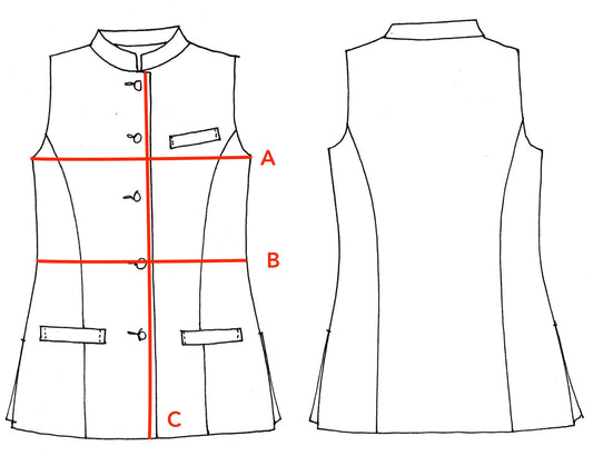 Detailed Size Chart for Bespoke Ladies Nehru Gilet with Nehru Collar. Made by Hand in London.