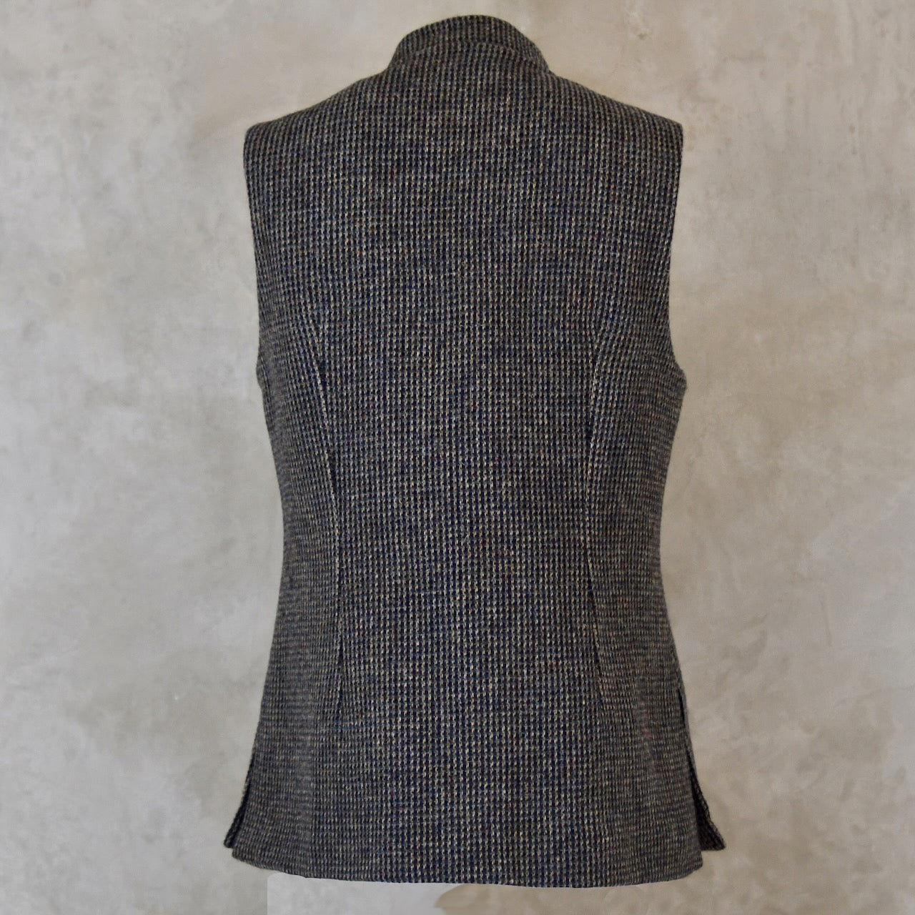 Ladies Classic Cut Waistcoat in Small Blue Check Lovat Tweed