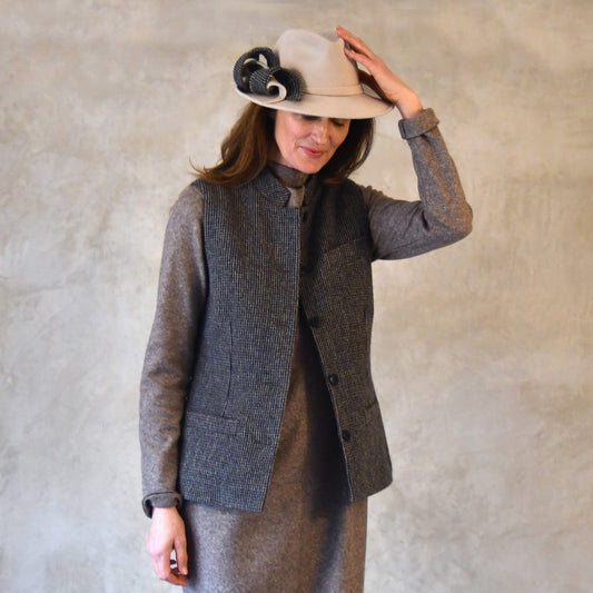 Ladies Classic Cut Waistcoat in Small Blue Check Lovat Tweed