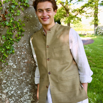 38" Tailored Cut Waistcoat in Khaki Silk Matka