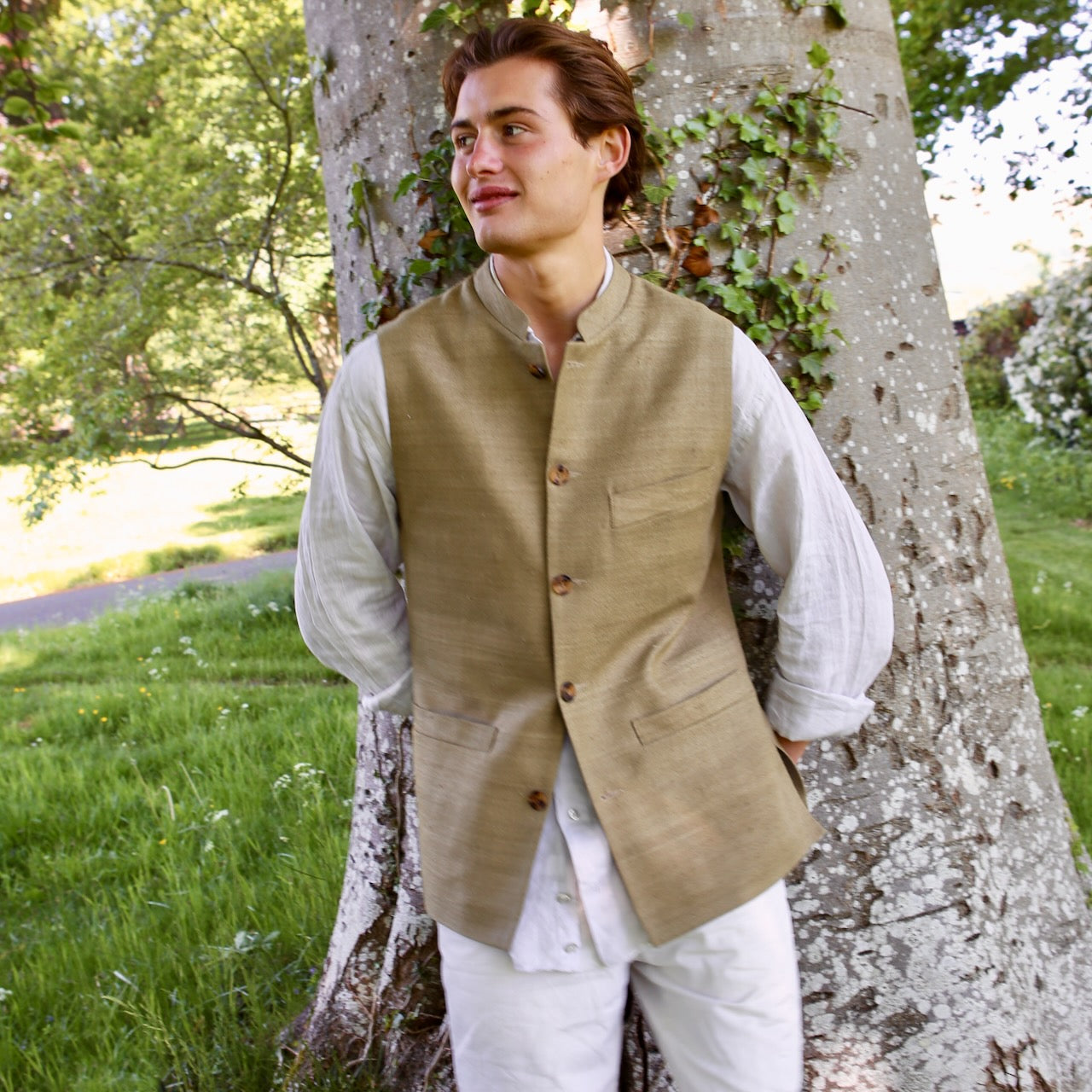 38" Tailored Cut Waistcoat in Khaki Silk Matka