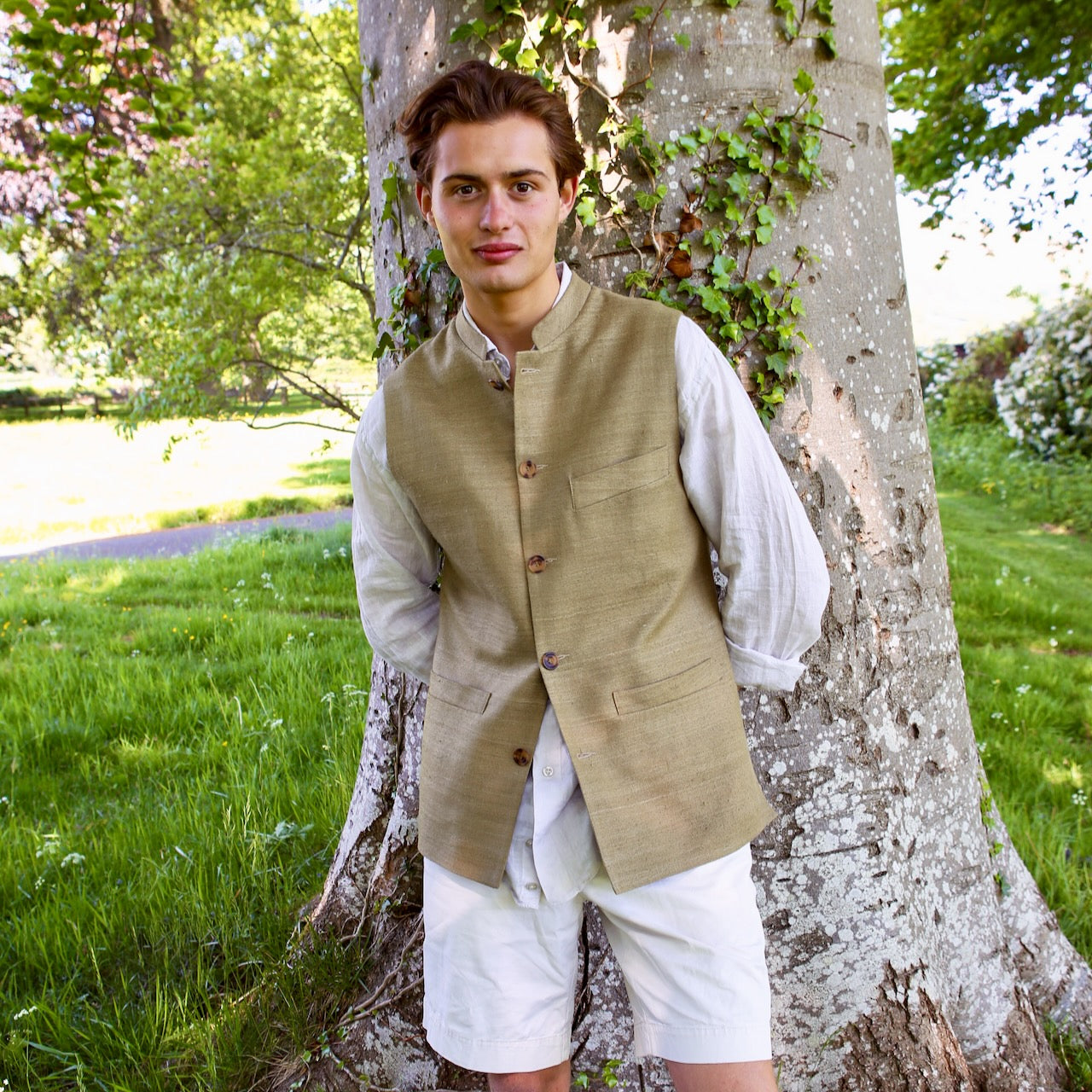 38" Tailored Cut Waistcoat in Khaki Silk Matka