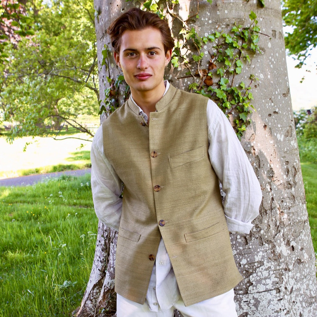 Bespoke Tailored Cut Gilet in Khaki Silk Matka. Handmade in London. Made in Great Britain. Front View.