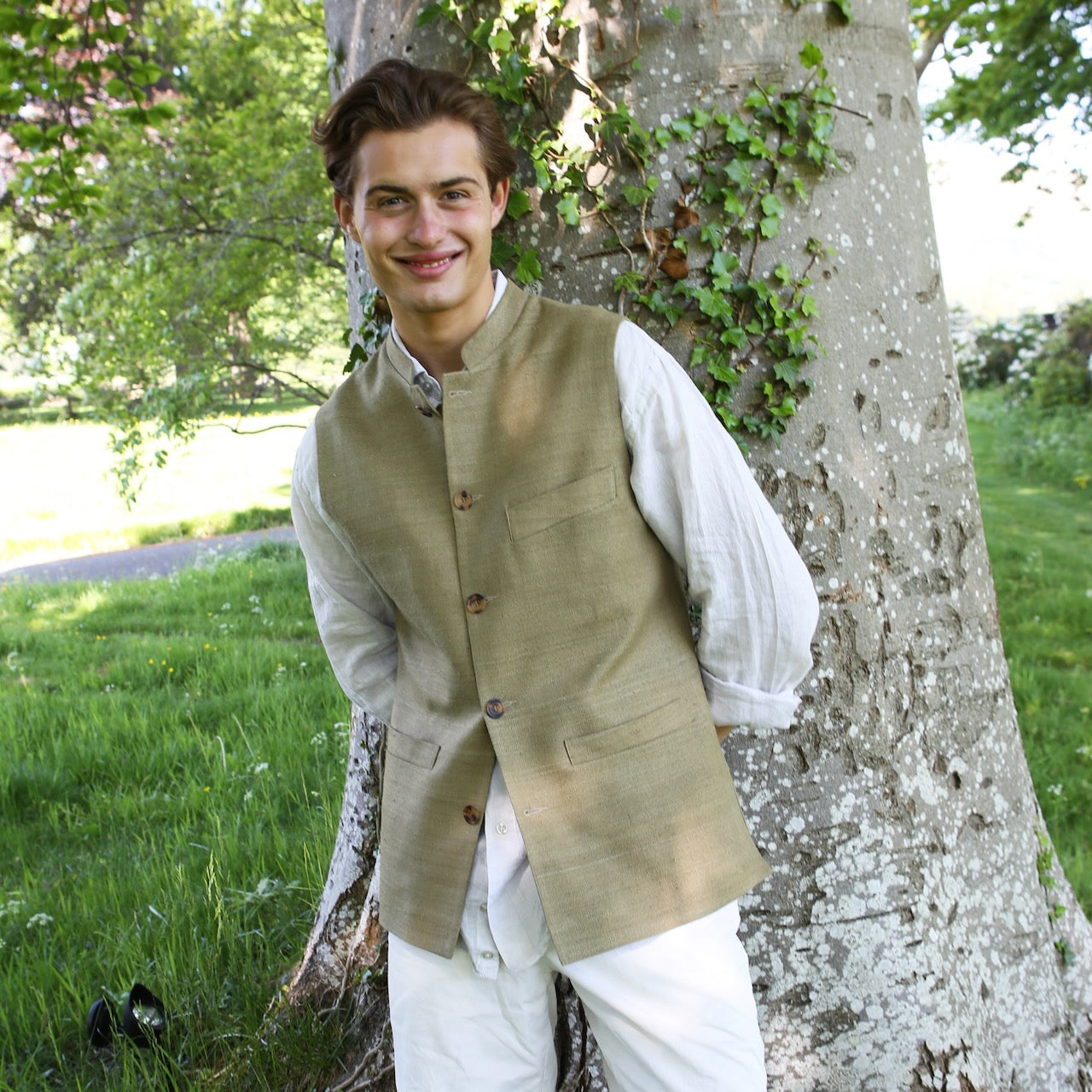 38" Tailored Cut Waistcoat in Khaki Silk Matka