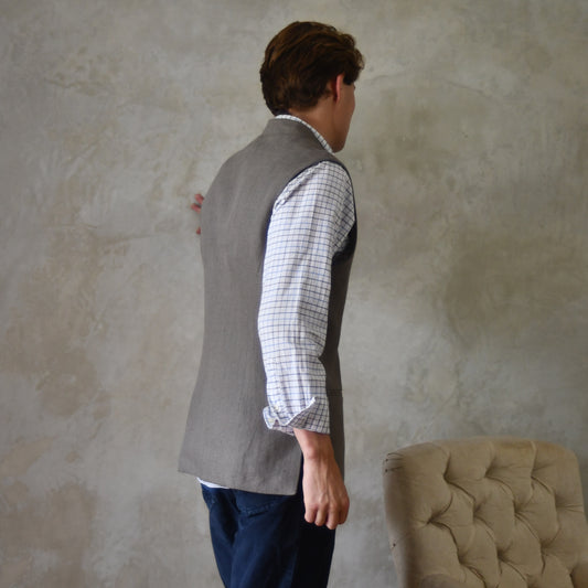 Tailored Cut Waistcoat in Mushroom Mid-Weight Irish Linen