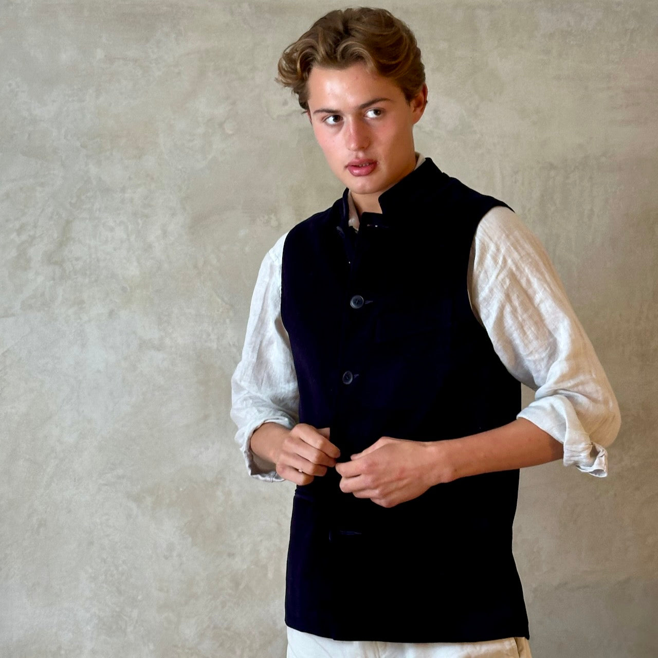 Dark Navy Velvet  Nehru Style Gilet. Handmade in London.