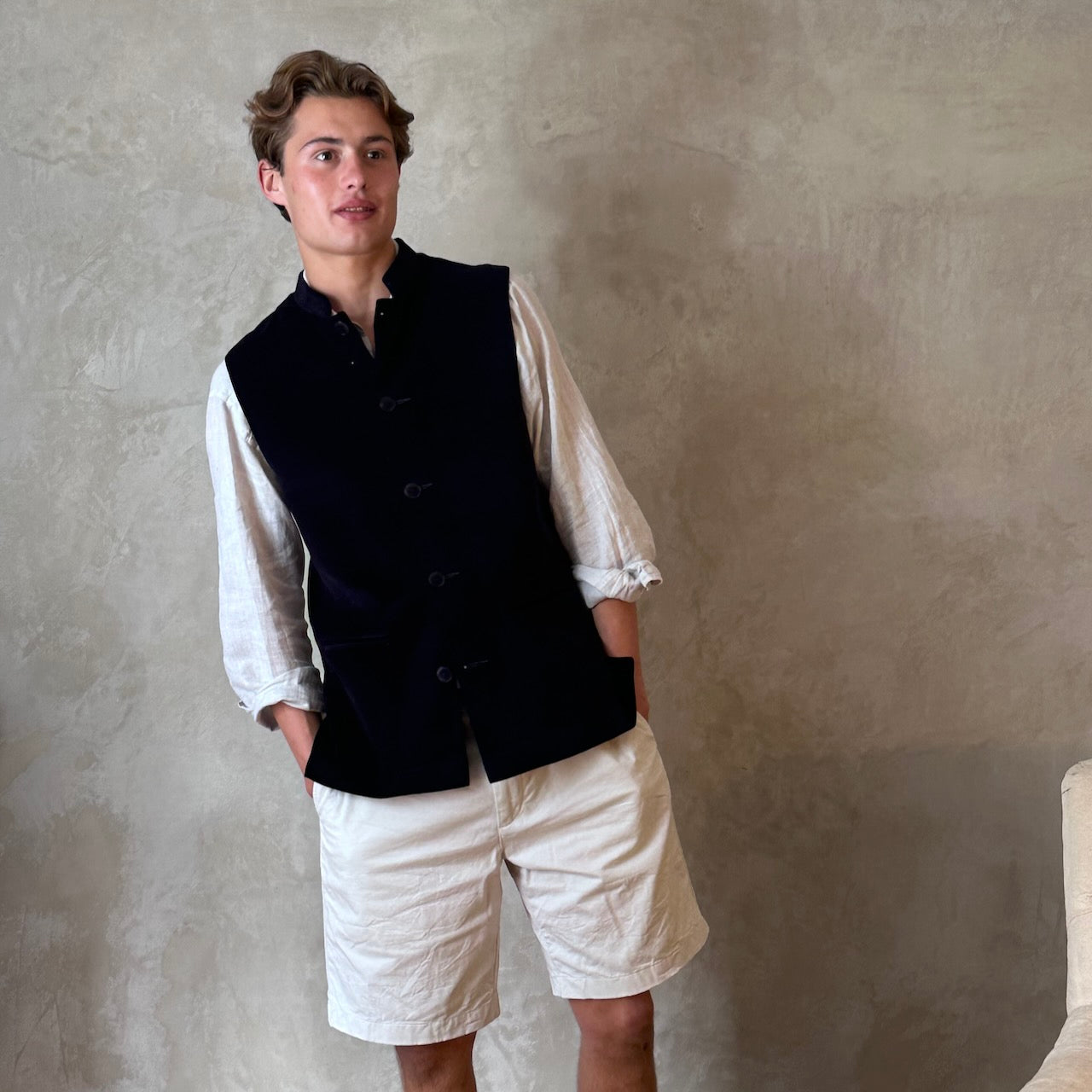 Dark Navy Velvet  Nehru Style Gilet. Handmade in London.