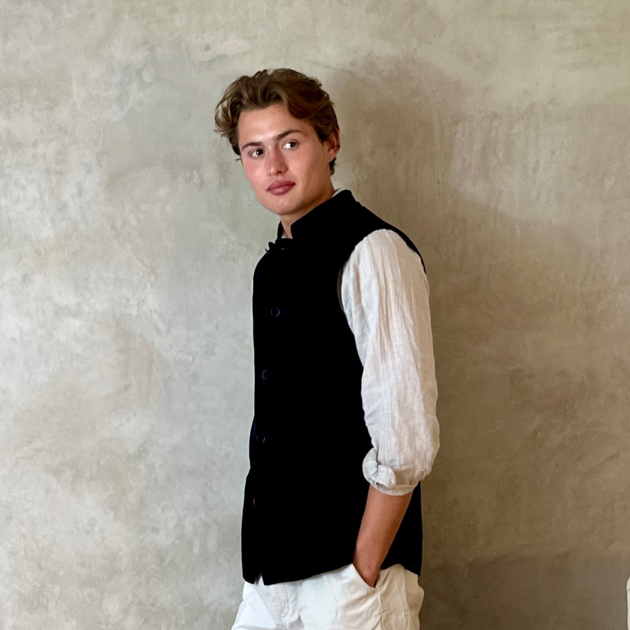 Dark Navy Velvet  Nehru Style Gilet. Handmade in London.