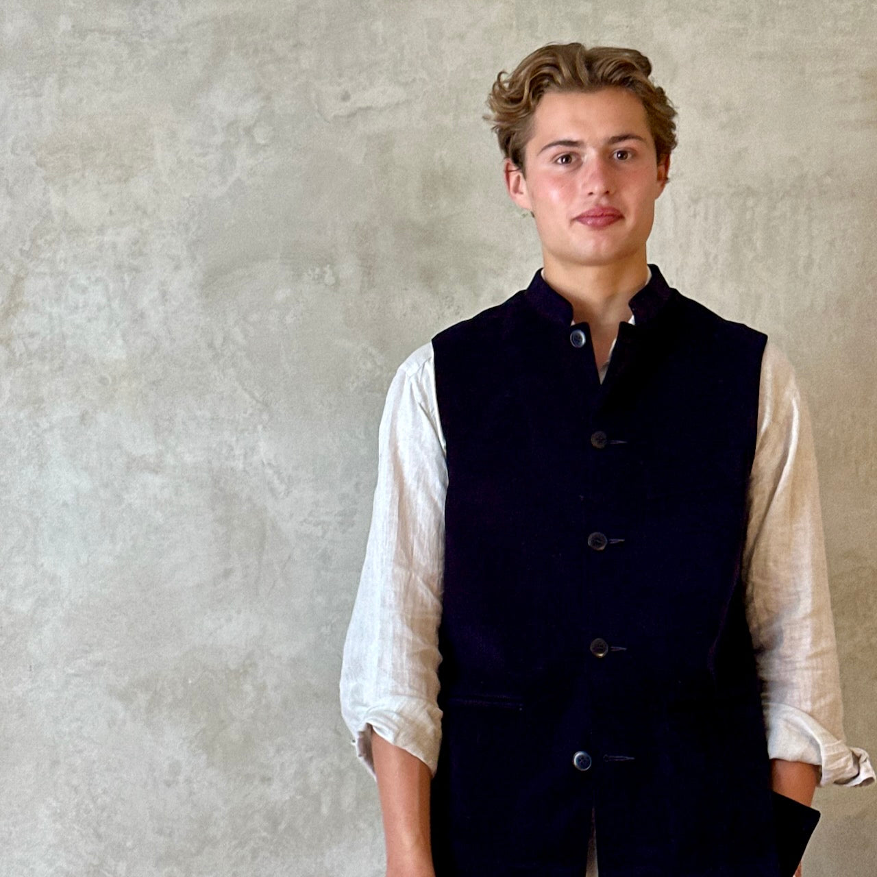 Dark Navy Velvet  Nehru Style Gilet. Handmade in London.