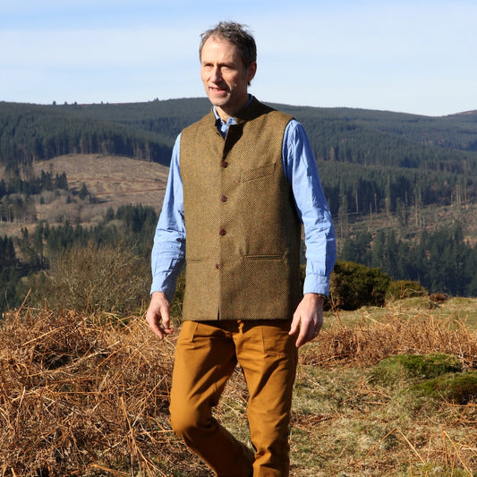 Classic Cut Waistcoat in Orange Green Tiger Eye Tweed