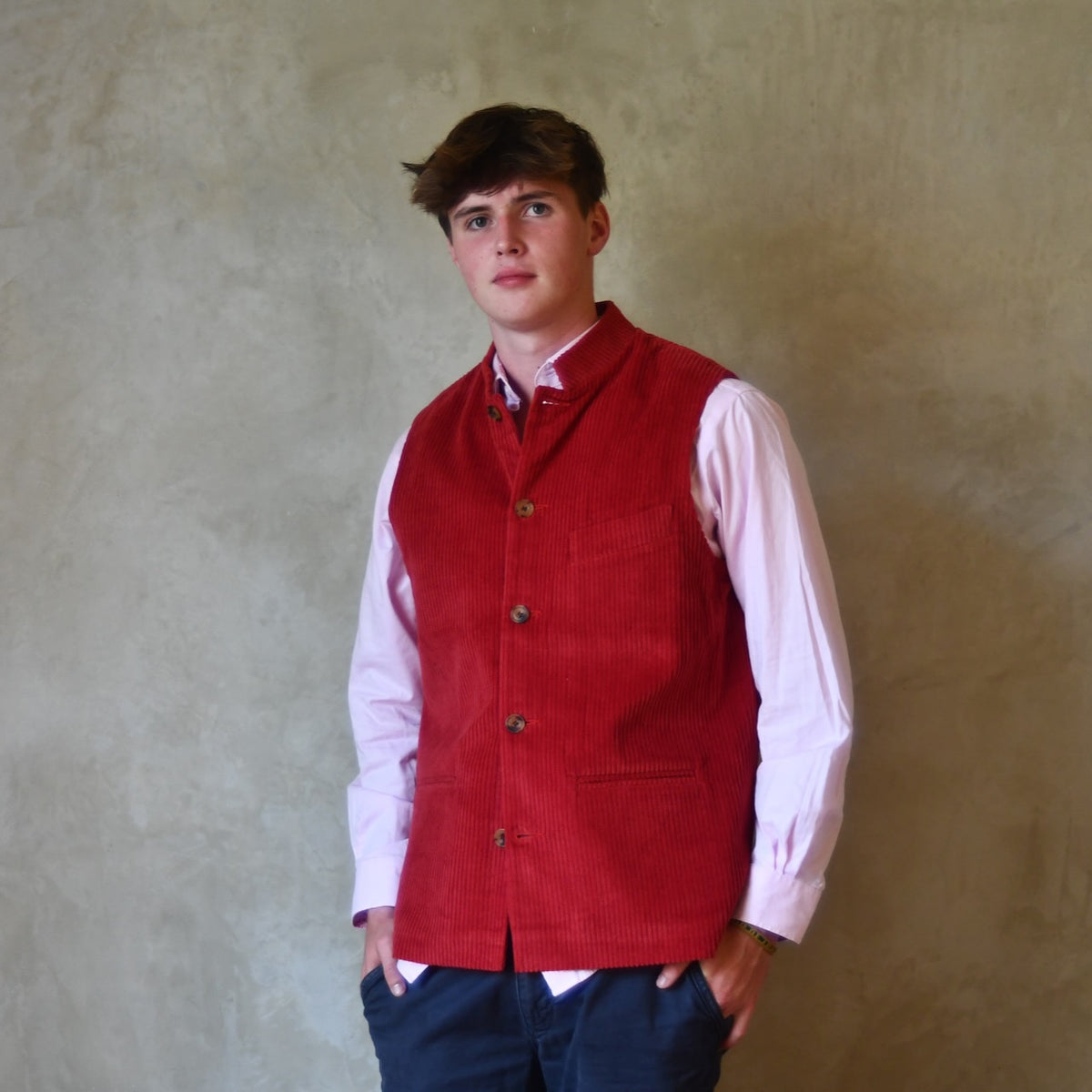 Bespoke Nehru Style Gilet in Crimson Cord.
Handmade in London.
Shown with a Nehru Collar.