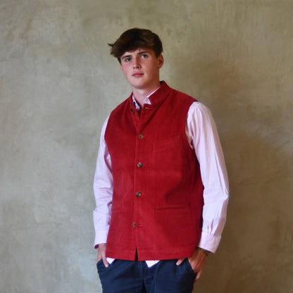 Bespoke Nehru Style Gilet in Crimson Cord.
Handmade in London.
Shown with a Nehru Collar.