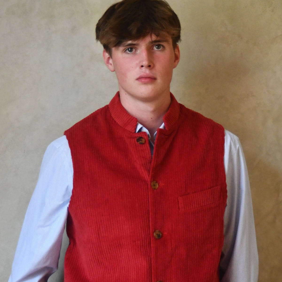 Bespoke Nehru Style Gilet in Crimson Cord.
Handmade in London.
Shown with a Nehru Collar.