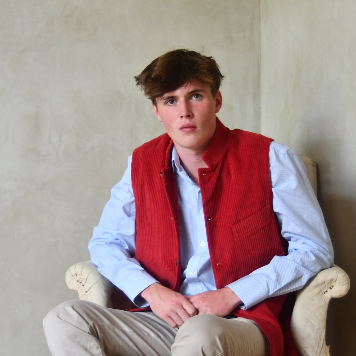 Bespoke Nehru Style Gilet in Crimson Cord.
Handmade in London.
Shown with a Nehru Collar.