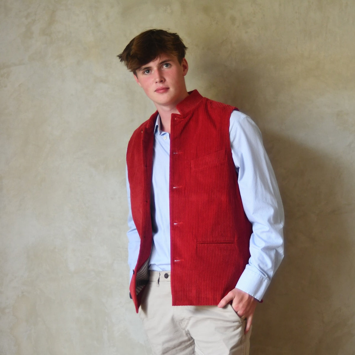 Bespoke Nehru Style Gilet in Crimson Cord.
Handmade in London.
Shown with a Nehru Collar.