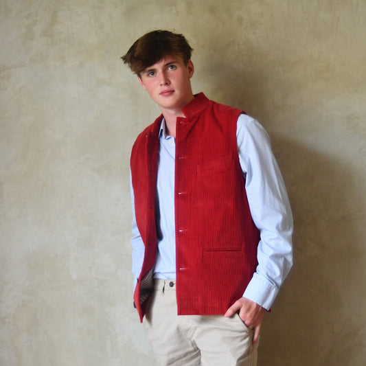 Bespoke Nehru Style Gilet in Crimson Cord.
Handmade in London.
Shown with a Nehru Collar.