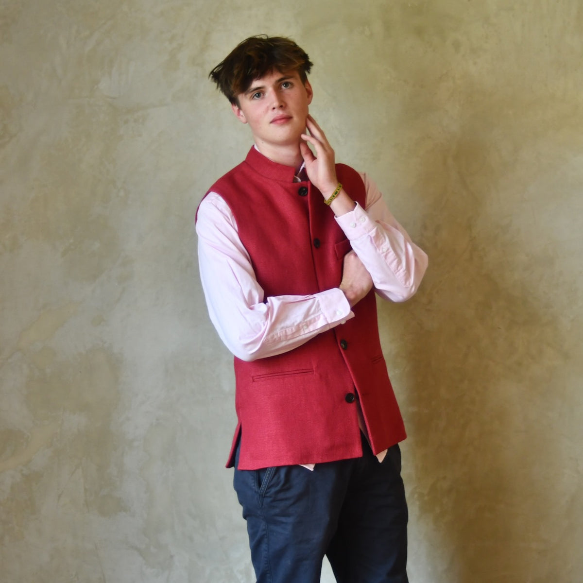 Red Linen Nehru-Style Fitted Gilet. Handmade in London. Bespoke and ready to ship. Shown buttoned over a pink shirt.