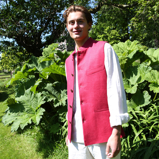 46" Classic Cut Waistcoat in Deep Red Heavier Weight Irish Linen
