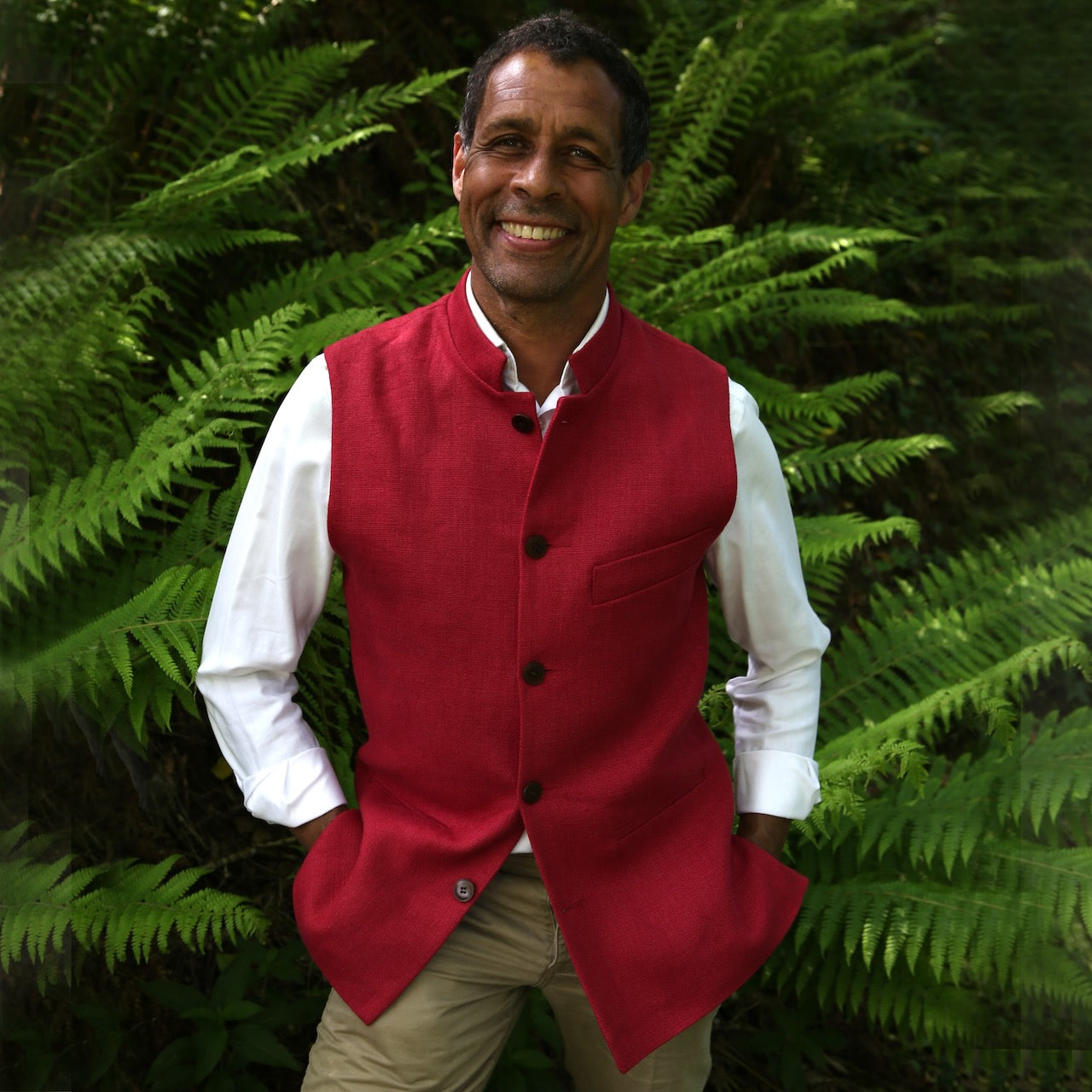 Red Linen Nehru Style Gilet. Handmade in London. Entirely made in Great Britain.