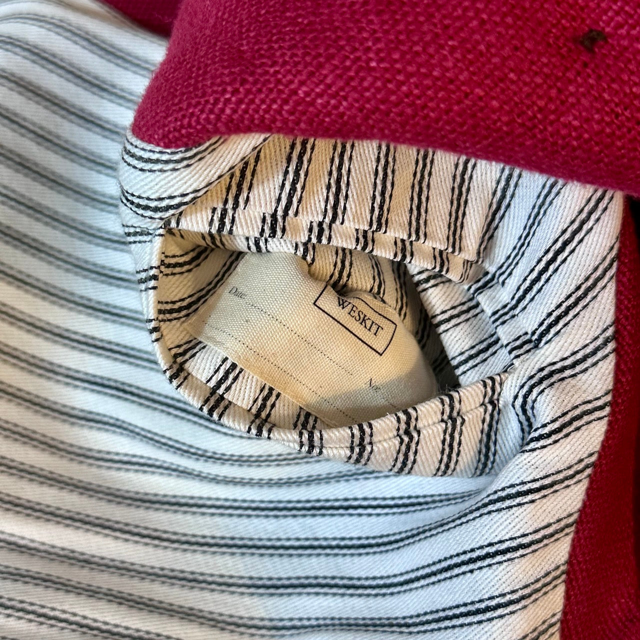 Red Linen Nehru Style Gilet. Handmade in London. Entirely made in Great Britain. Lining Detail.
