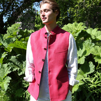 Red Linen Nehru Style Gilet. Handmade in London. Entirely made in Great Britain. Side Shot.
