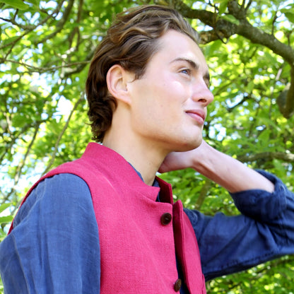 Red Linen Nehru Style Gilet. Handmade in London. Entirely made in Great Britain. Close up Shot.