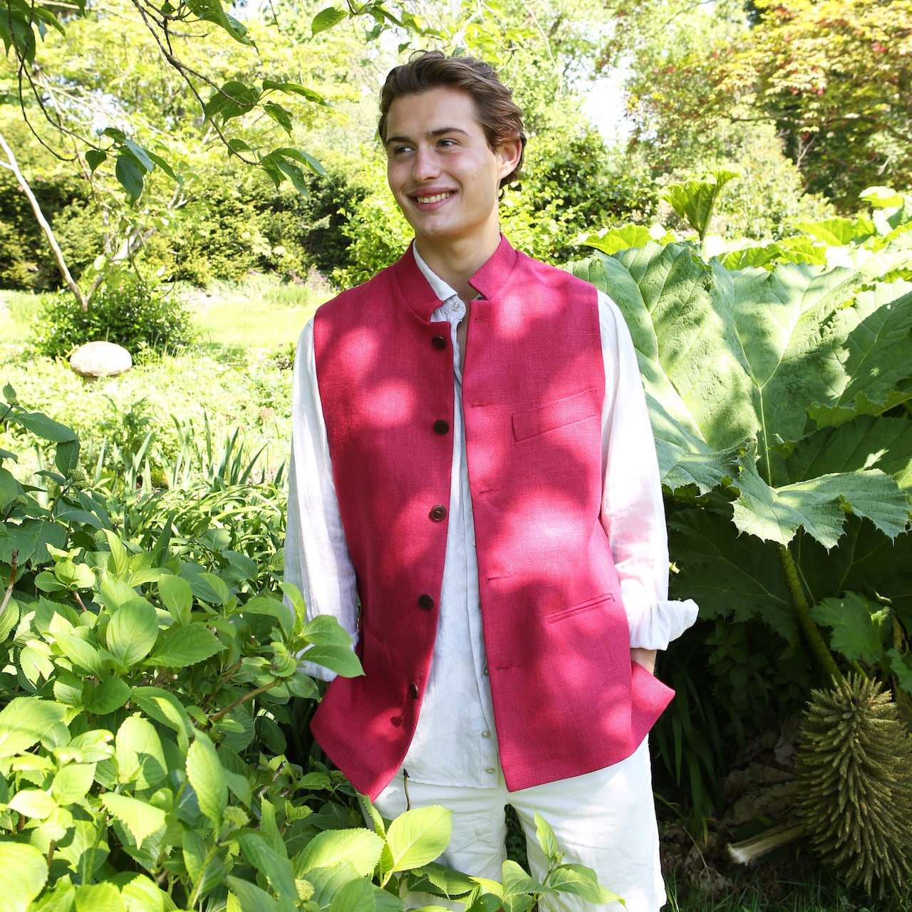 Red Linen Nehru Style Gilet. Handmade in London. Entirely made in Great Britain. Undone Shot.