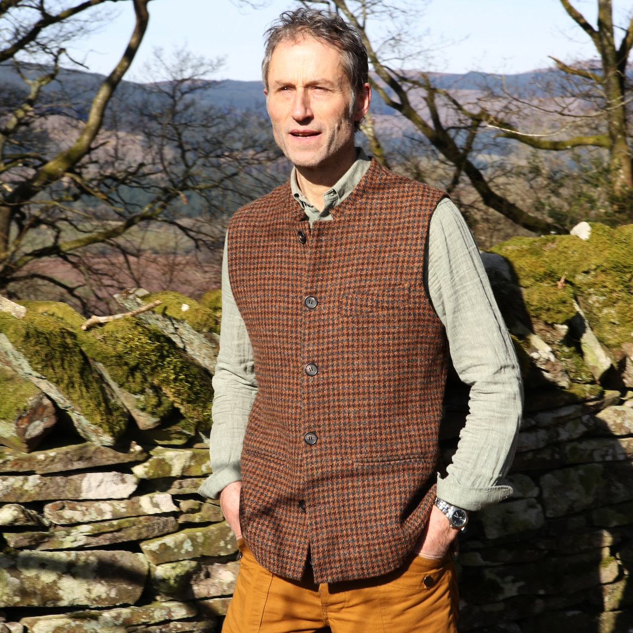 Bespoke Brown Lovat Tweed Gilet modelled in Wales. Hand made in London.