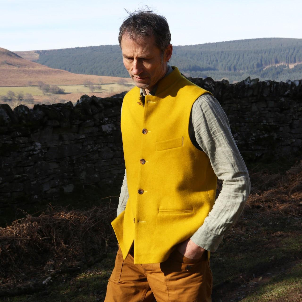 Bespoke Merino Flannel Gilet modelled in Wales. Hand made in London.