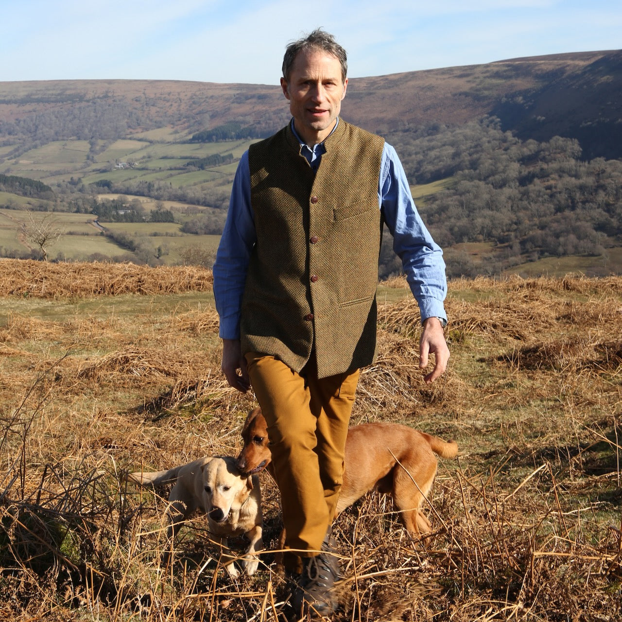 Bespoke Tweed Gilet modelled in Wales. Hand made in London.