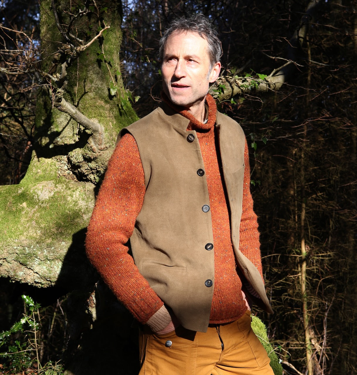 Bespoke Moleskin Gilet modelled in Wales. Hand made in London.