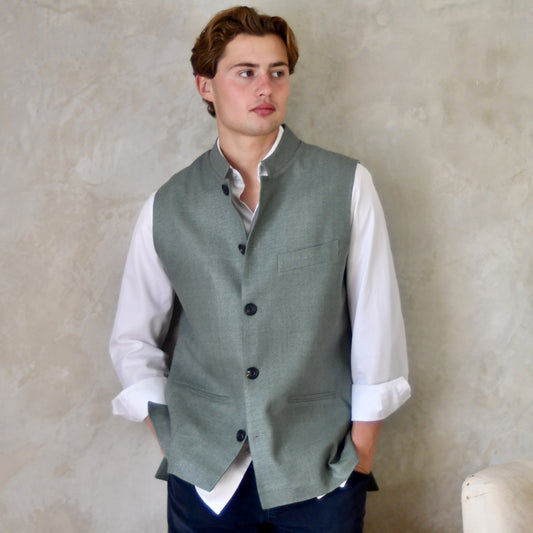 Tailored Cut Waistcoat in Sage Silk Matka