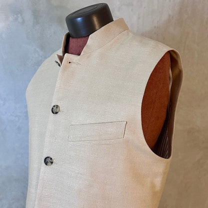 Tailored Cut Waistcoat in Pale Sand Silk Matka