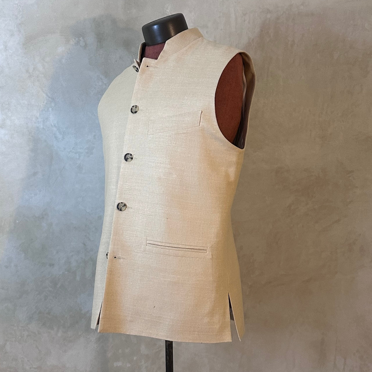 Tailored Cut Waistcoat in Pale Sand Silk Matka