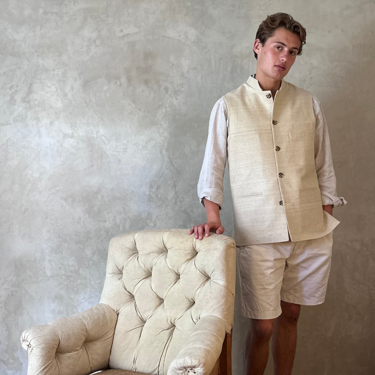 Classic Cut Waistcoat in Pale Sand Silk Matka
